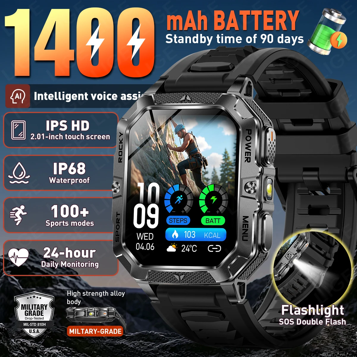 LIGE 1400mAh Battery Smart Watch 2026 Men Outdoor Flashlight IP68 Waterproof Heart Rate Bluetooth Call Military Sports Bracelets