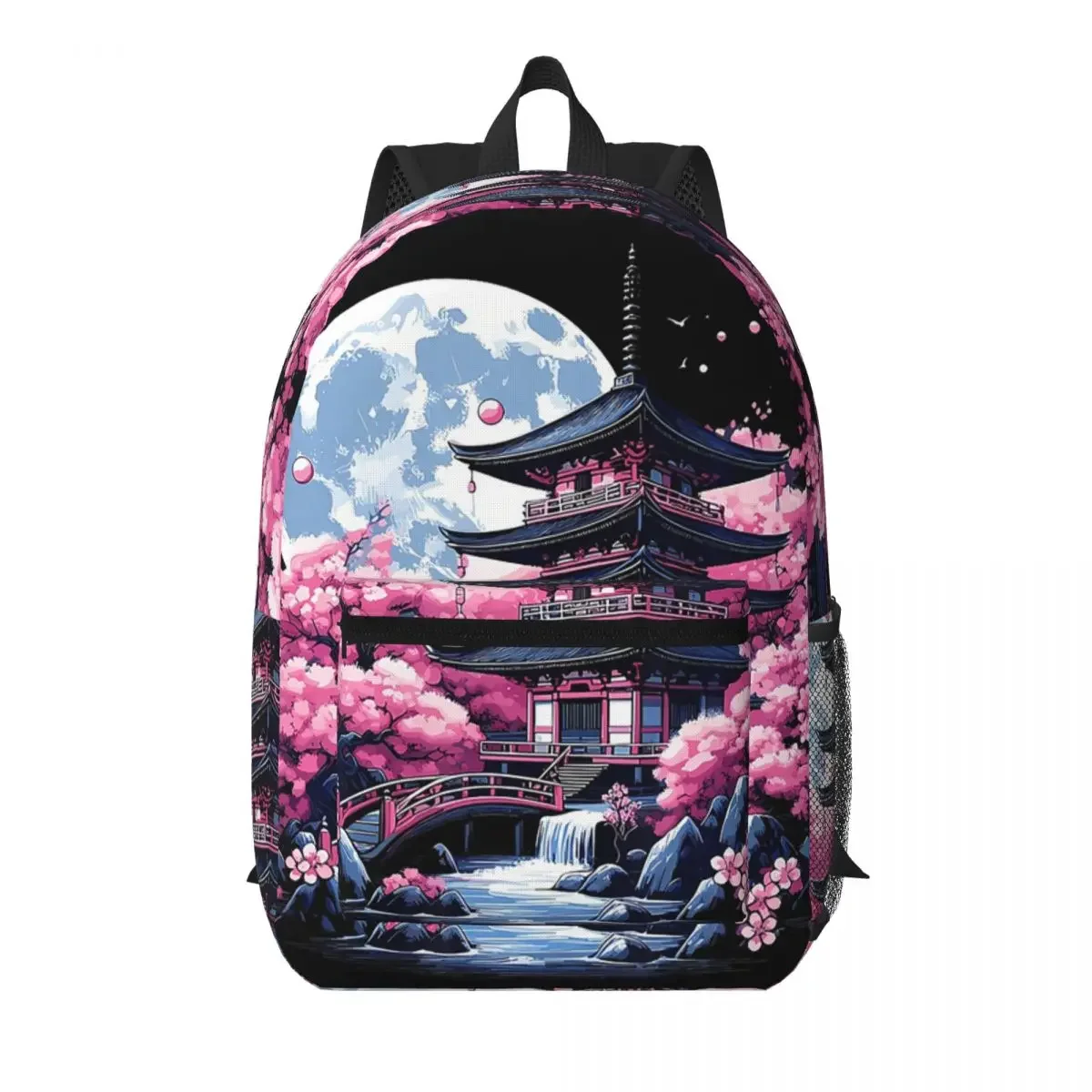 Traditional Asian Architecture With Cherry Blossoms Student Backpack School Bag Hiking Travel Daypack Bookbag Shoulder Bags