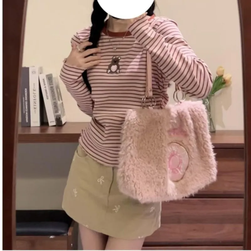 

Милая милая сумка-тоут с вышивкой в виде пончика, женская розовая пушистая сумка на плечо большой вместимости, женские простые повседневные повседневные сумки подмышками 2025