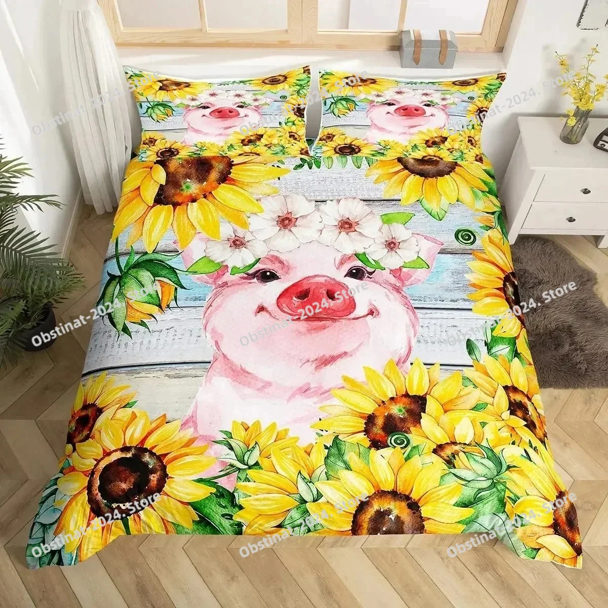 

Pink Pig Duvet Cover King Queen Size Cartoon Farm Animal Bedding Set for Kids Yellow Sunflowers Polyester Comforter Cover