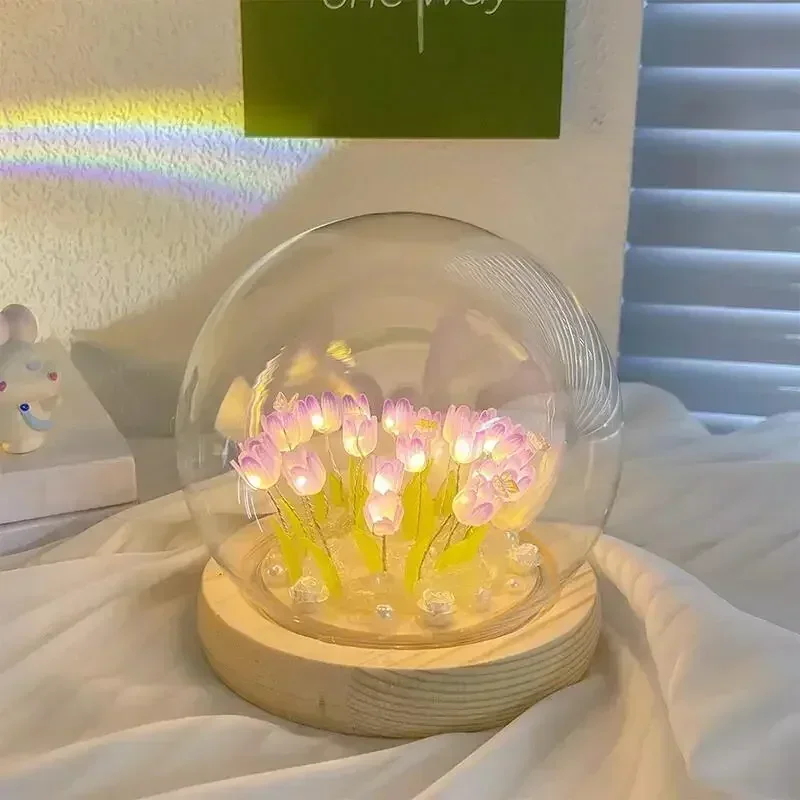 LED Night Light Ornaments Handmade DIY Bedside Artificial Tulip Flower Night Lamp Bedroom Desk Decor Birthday Gifts Table Lamp