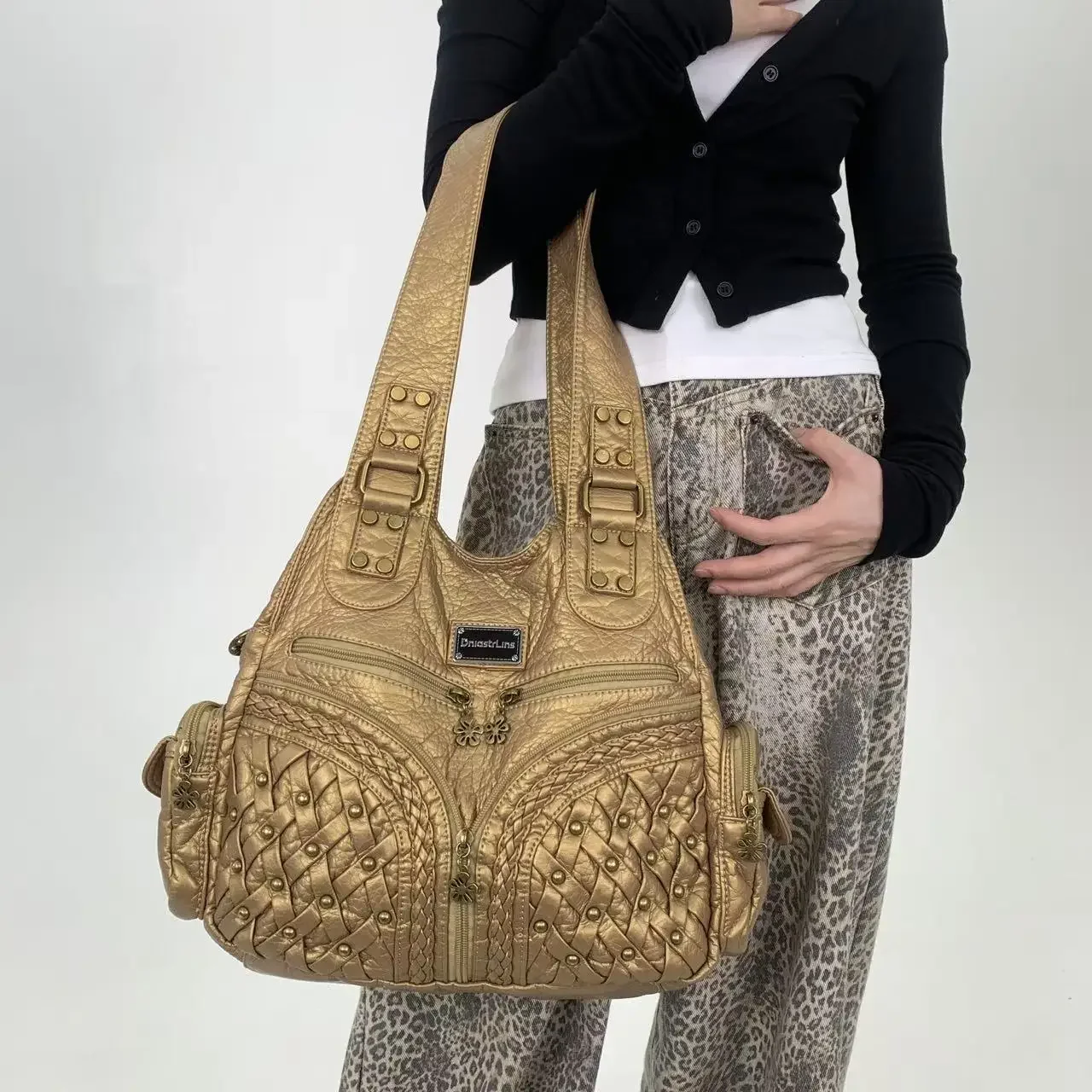 حقيبة كتف Venn Angel للنساء من البولي يوريثان كاجوال بجيوب متعددة حقيبة كتف عصرية حقيبة كتف كبيرة الحجم