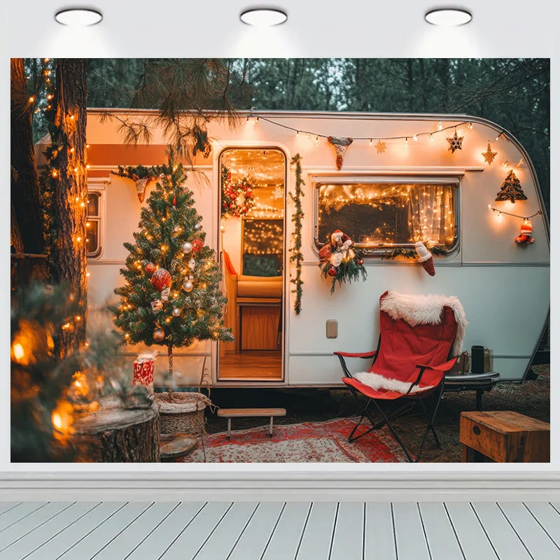 Cozy Camping Trailer Christmas Scene Photography Backdrop Props Winter Living Room New Year Holiday Photo Background RS-06