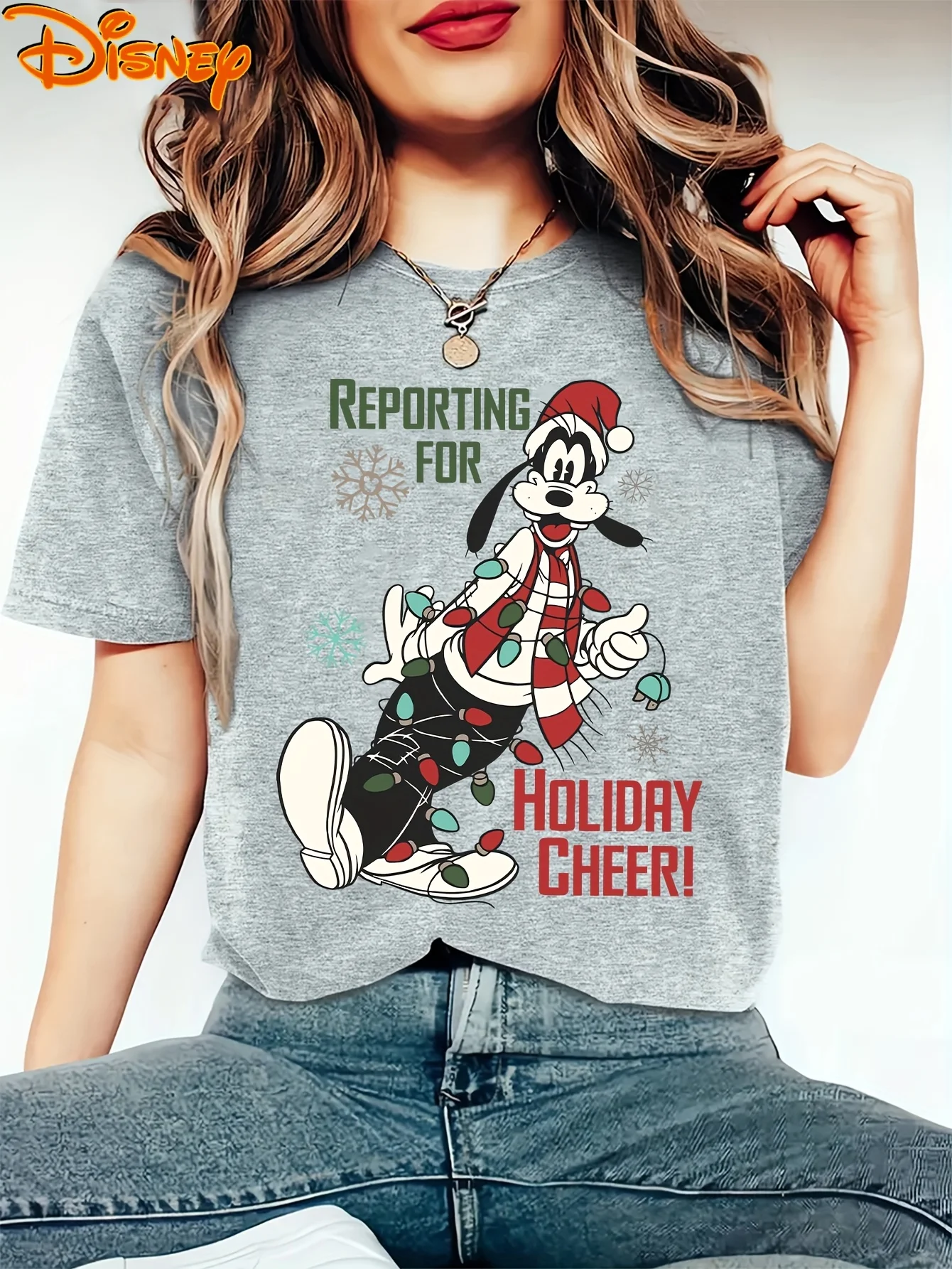 المرأة ديزني بلوتو أضواء عيد الميلاد تي شيرت الرجال القطن المحملة س الرقبة عادية كبيرة الحجم قصيرة الأكمام الشارع الشهير دونالد داك الأعلى #2
