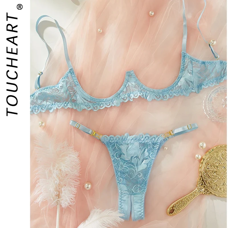 Toucheart Adult Sexy Lingerie Set Low-Cut Breast-Exposing Lace Embroidery See-Through Sexy Open-Back No-Removal Wear Underwear