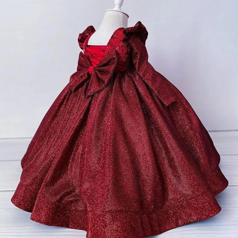 Shining Red Flower Girl Dresses for Wedding Appliques Satin Floor Length Girl Kids Birthday Party First Holy Communion Gown