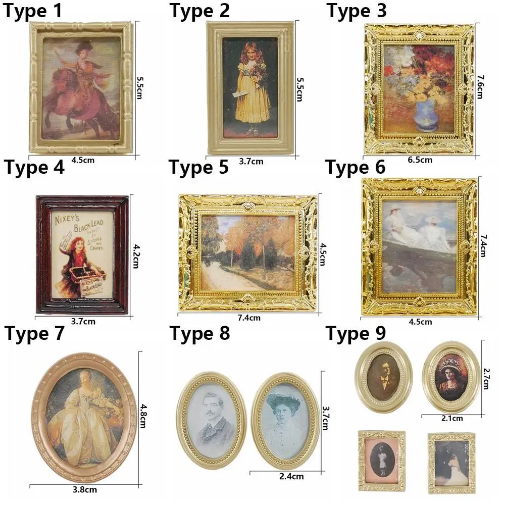 Retro Resin Craft Playing House Doll Accessories Vintage Framed Photos Miniature Oil Painting 1:12 Scale Mini Picture