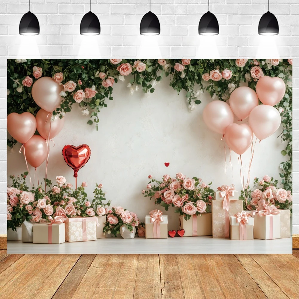 Zoete Valentijnsdag Achtergrond Witte Muur Bloemen Ballonnen Liefde Hart Geschenken Dozen Voorstellen Bruid Portret Fotografie Achtergrond