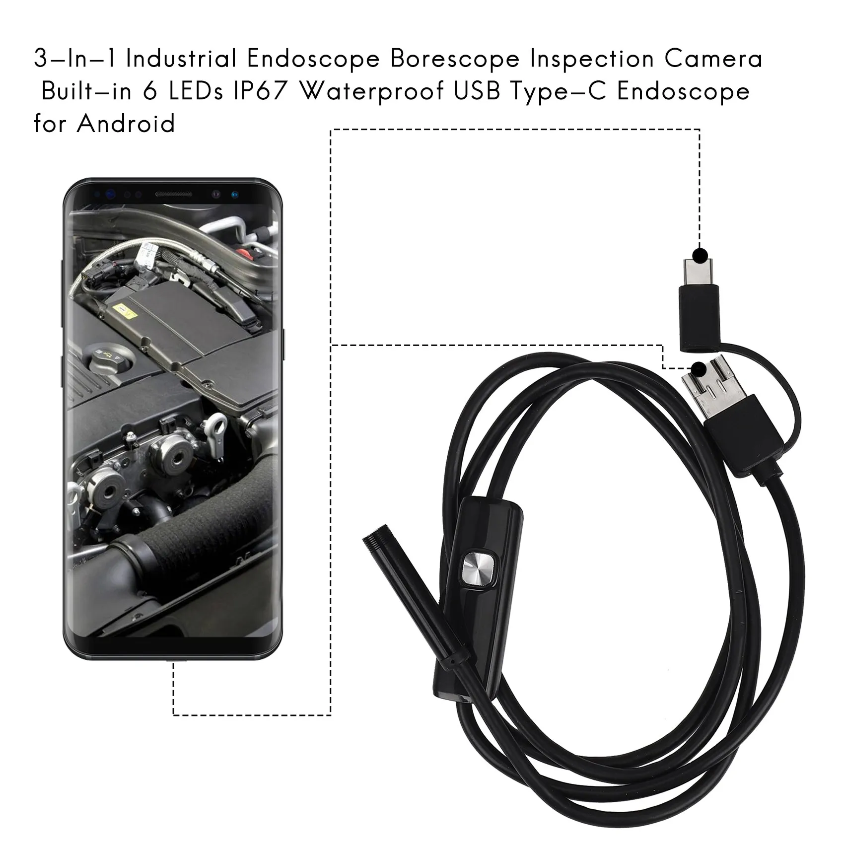 SLQZT Telecamera per ispezione periscopio 3 in 1 Endoscopio USB tipo C impermeabile IP67 integrato a 6 LED per smartphone Android/PC (1M 7Mm)
