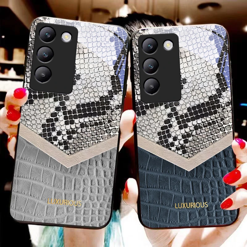 Snake skin pattern For Y72 33S 11 03 36 96 Lite 35 16 Iqoo 12 V40 SE 5G 29 40 21 30 X80 Pro Vivo Tempered glass phone case black