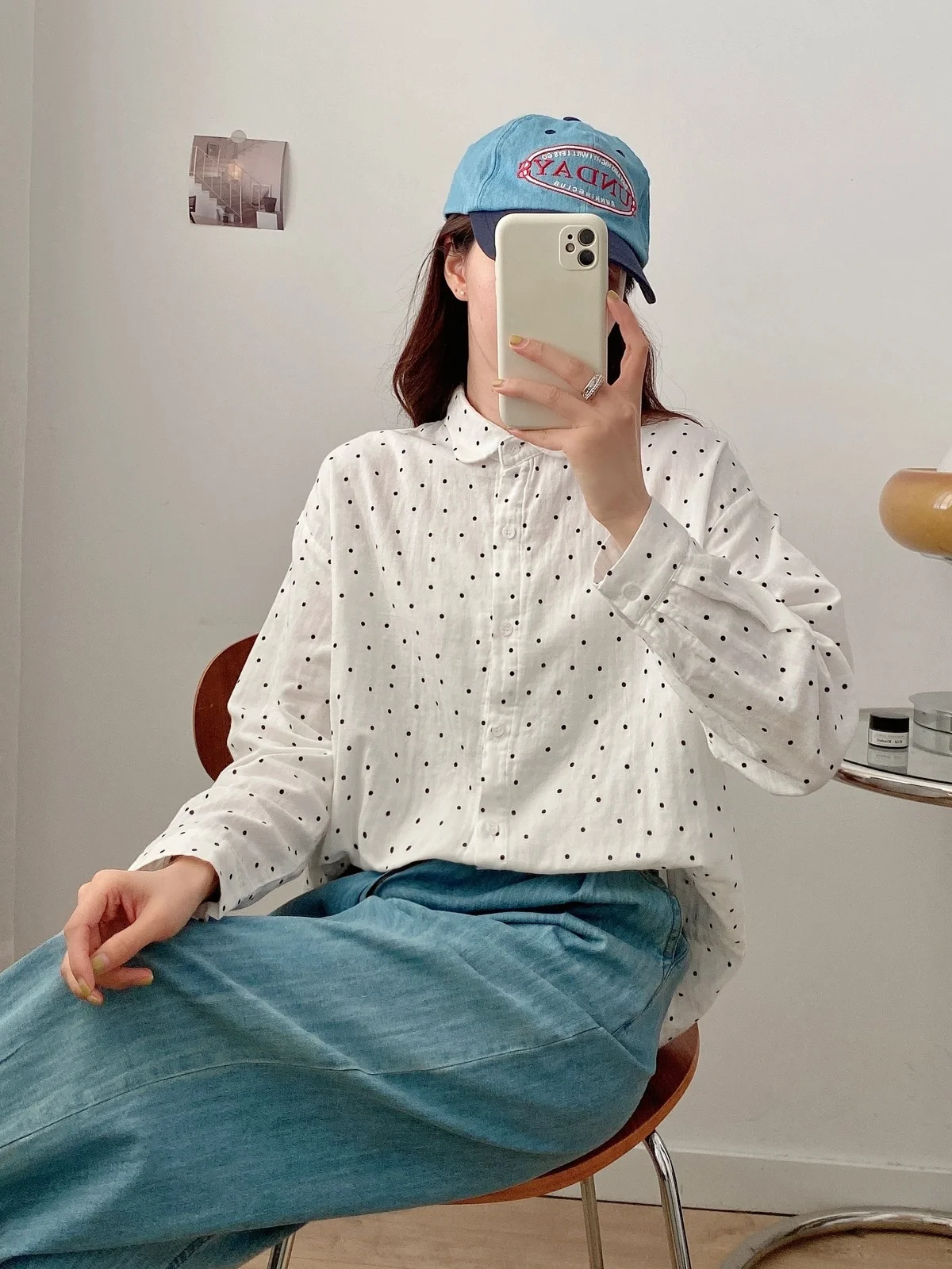 

100% Cotton Yarn Polka Dots Blouses Women Spring Autumn Korean Fashion Vintage White Dot Base Shirts Lady Clothes