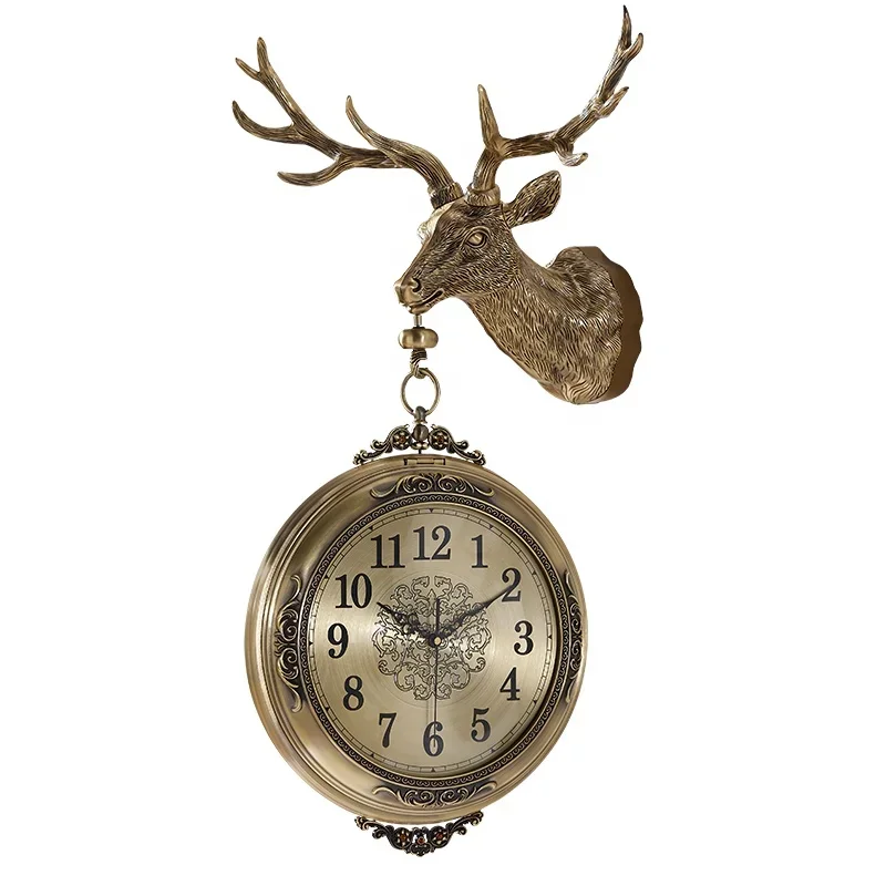 Creative Art Home Decor Modern Luxury Metal double-faced Deer head shaped clock wall decoration