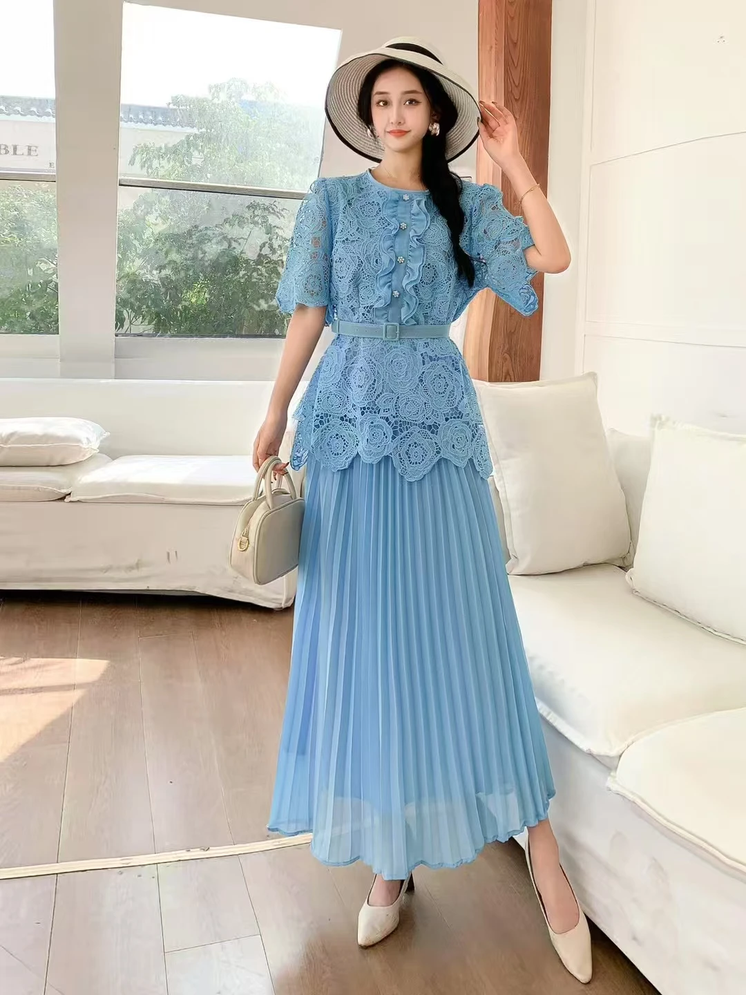 2025 Spring Autumn Women Skirt Suits High Quality Hook Flower Hollow Lace Shirt And Pleated Hem Chiffon Long Skirt Two Piece Set