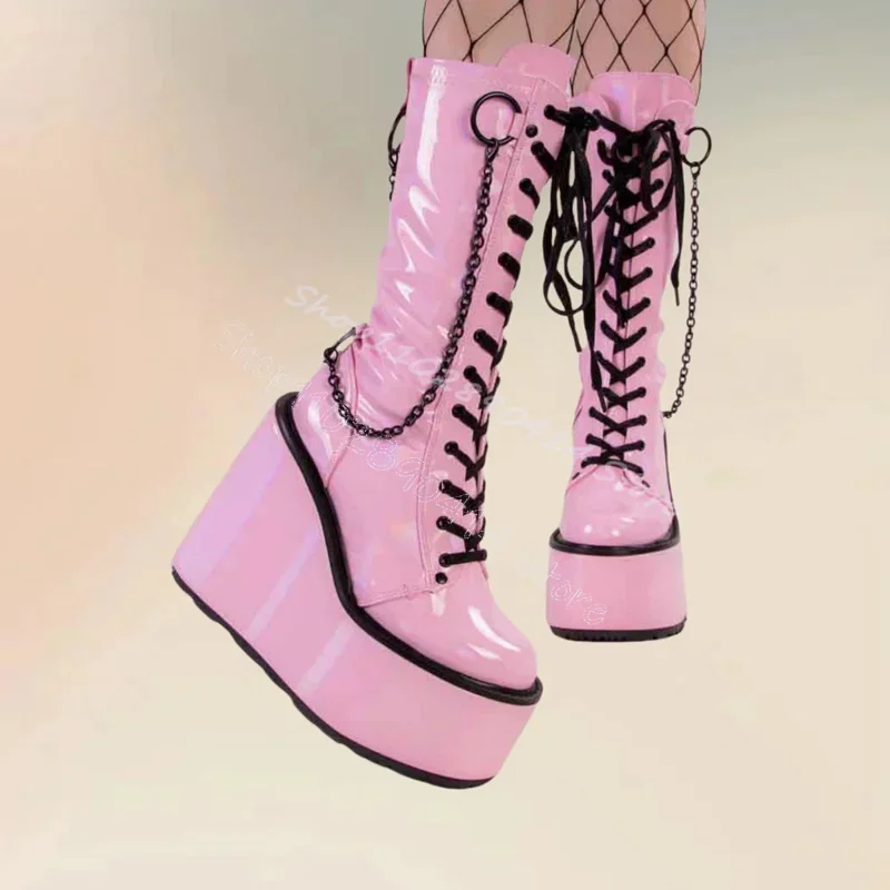 

Black Chain Wedges Heel Patent Leather Platform Boots Cross Tied Women Shoes Sexy Party Feast Banquet 2025 Zapatos Para Mujere