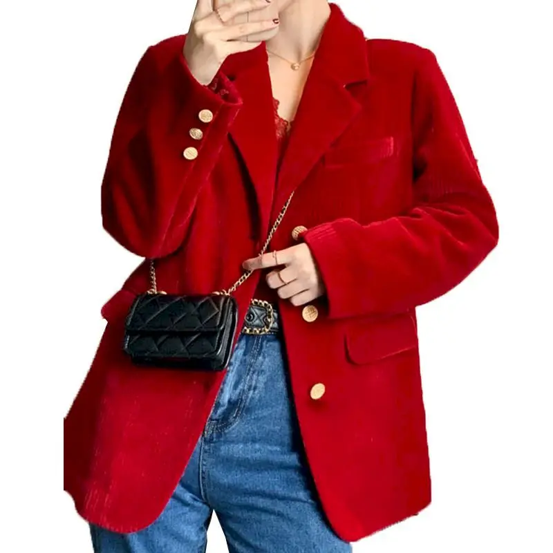 Insozkdg Autumn Winter Women\'s Slim Velvet Suit Jacket Blazer Metal Button Short Coats Jackets