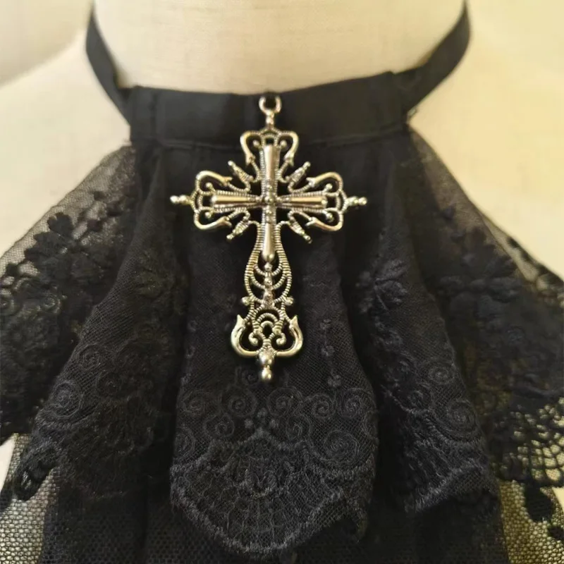Ręcznie Robiony Elegancki Kołnierzyk Jabot z Koronkowym Krzyżem, Akcesoria Lolita, Gotycki Cosplay, Sztuczny Kołnierzyk, Warstwowy Kołnierzyk z Falbankami, Odpinany Kołnierzyk do Wiązania