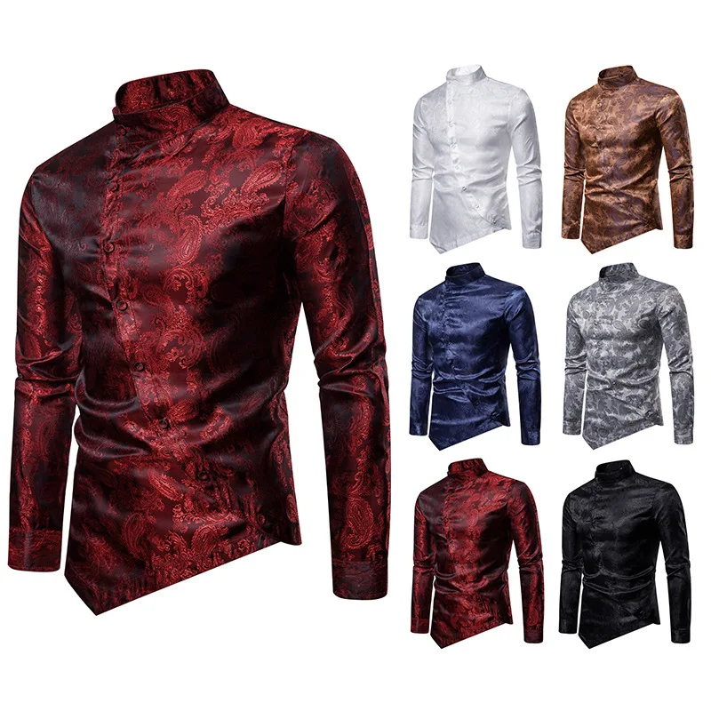 

Men's Shirt Personality Diagonal Button Cashew Flower Irregular Multi-color Henry Collar High-end Long Sleeved Shirt