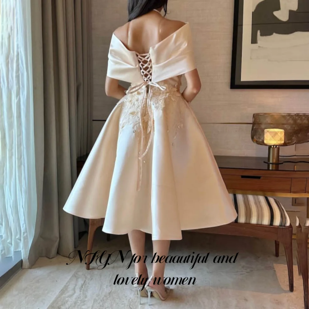 NFYN Elegant Off the Shoulder Prom Dresses Appliques Rhinestones Prom Gown Satin A-Line Back Strap Evening Dresses Customized