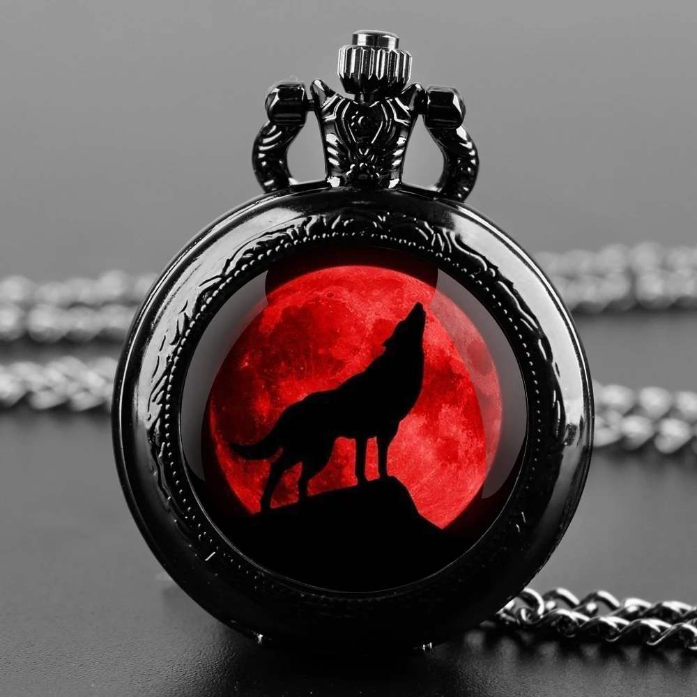 Howling Wolf Design Glass Dome Fashion Arabic Numerals Quartz Pocket Watch Necklace Pendant Chain Mens Women Gifts