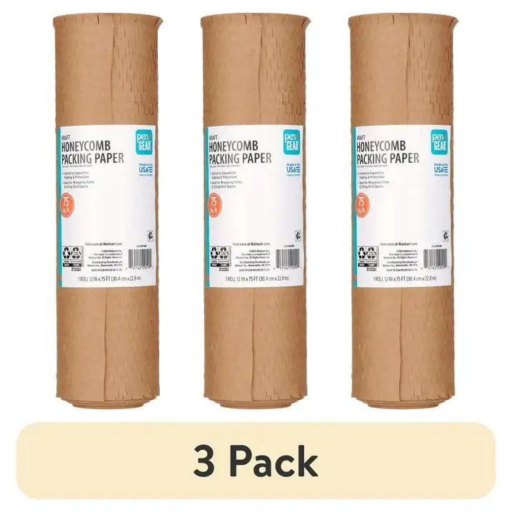 

(3 pack) Pen+Gear 12 in. x 75 ft. Honeycomb Packing Paper & Cushioning Wrap, Perforated, Kraft, 1 Roll