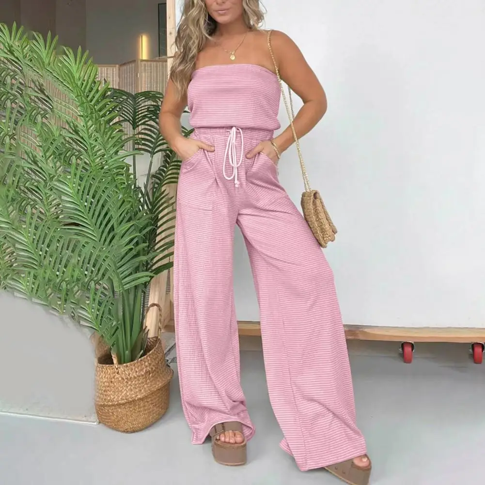 

Off Shoulder Women Jumpsuit Striped Tube Top Side Pockets Jumpsuit Wide Leg Drawstring High Waist Vacation Beach Long Jumpsuit