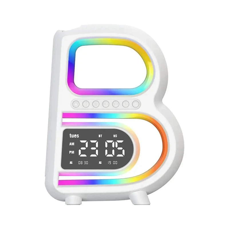 B Shape Smart Speaker LED Wireless Fast Charger Bluetooth Speaker RGB Rainbow Atmosphere Music Pulsating Player Clock, Durable