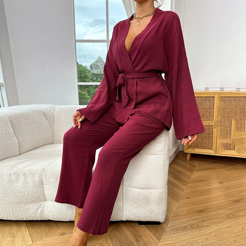 Pajama Set For Women 100% Cotton Long Sleeve Robes and Trouser Suit Nightwear Pyjamas Soft Sleepwear Robe Homewear With Belt