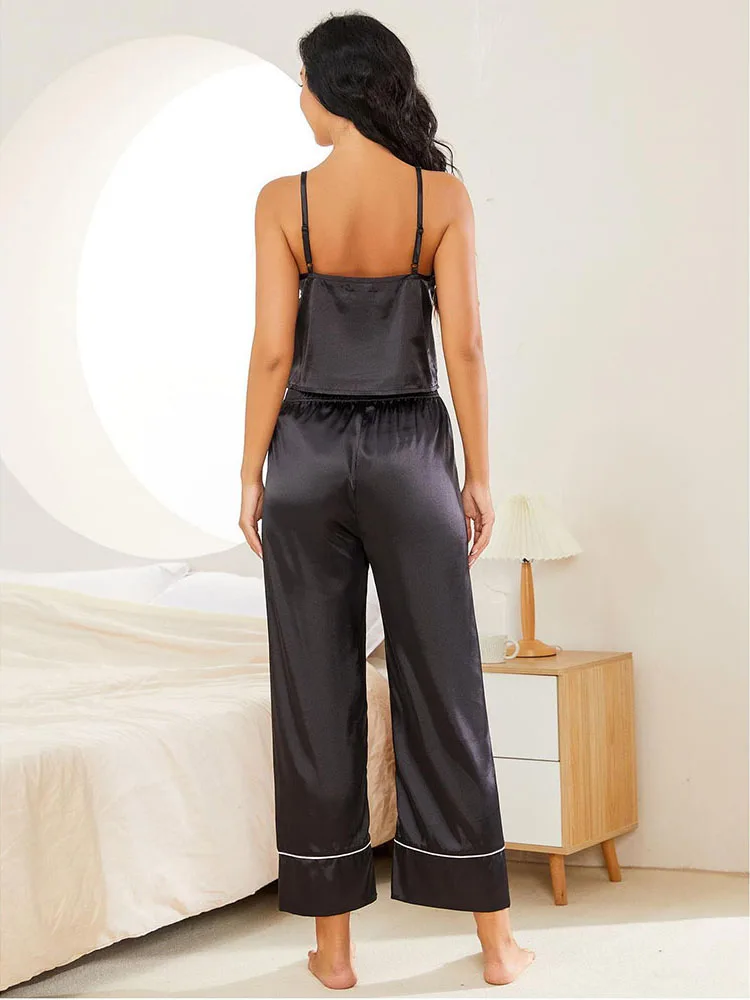 3Pcs Pajamas For Women Sexy Suspenders Long Sleeves Pants Ladies Home Nightgown Spring Fall Printed Cardigan Lace-up Sleepwear