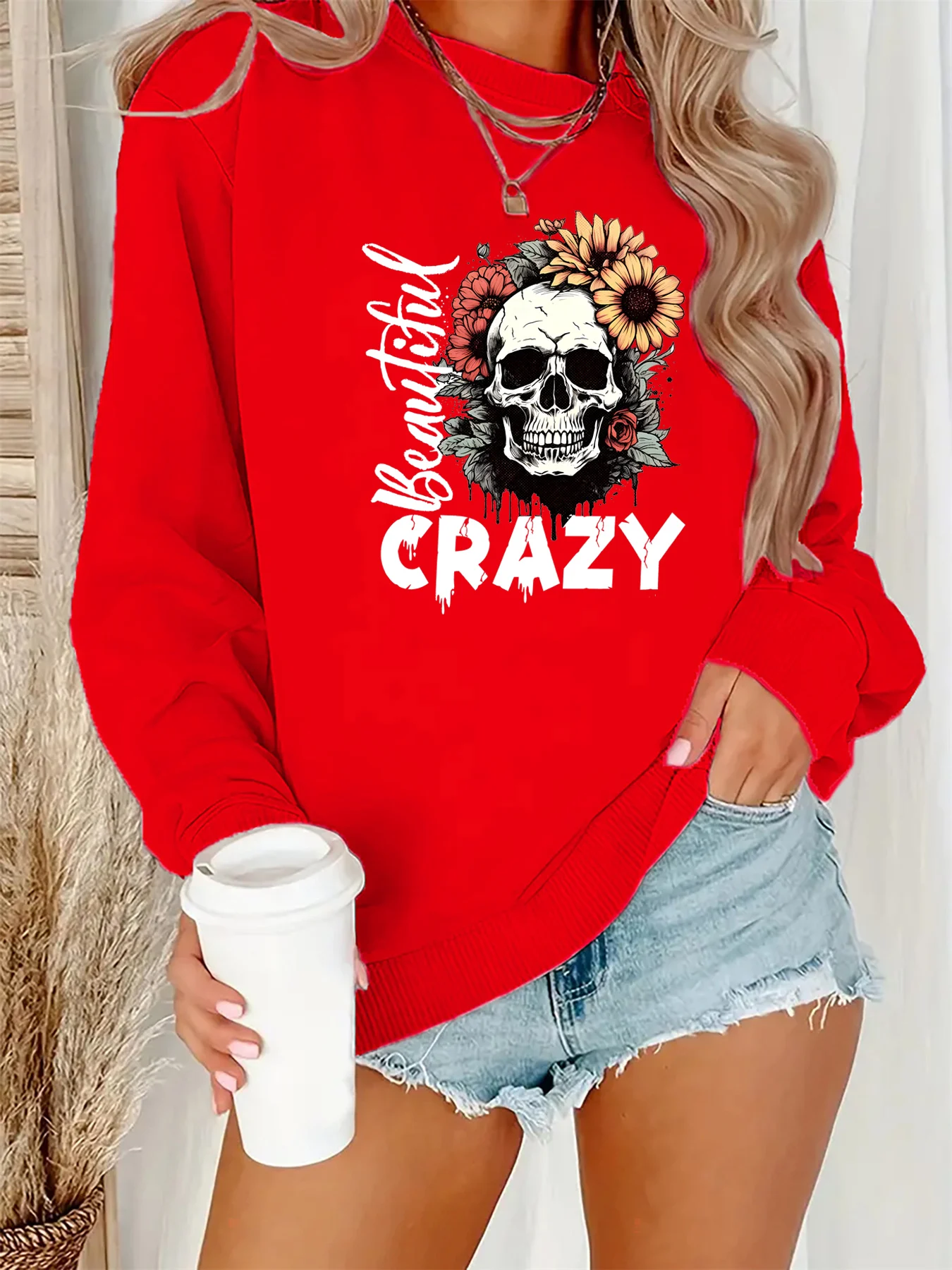 Damski sweter na jesień i zimę, luźny, wygodny, ciepły, z nadrukiem czaszki i liter, okrągły dekolt, długi rękaw.