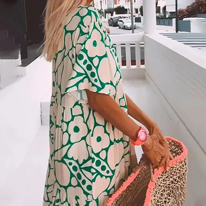 Vestido estampado de manga corta para mujer, ropa informal holgada con cuello en V y cintura alta, ideal para vacaciones y fiestas en la playa, Verano