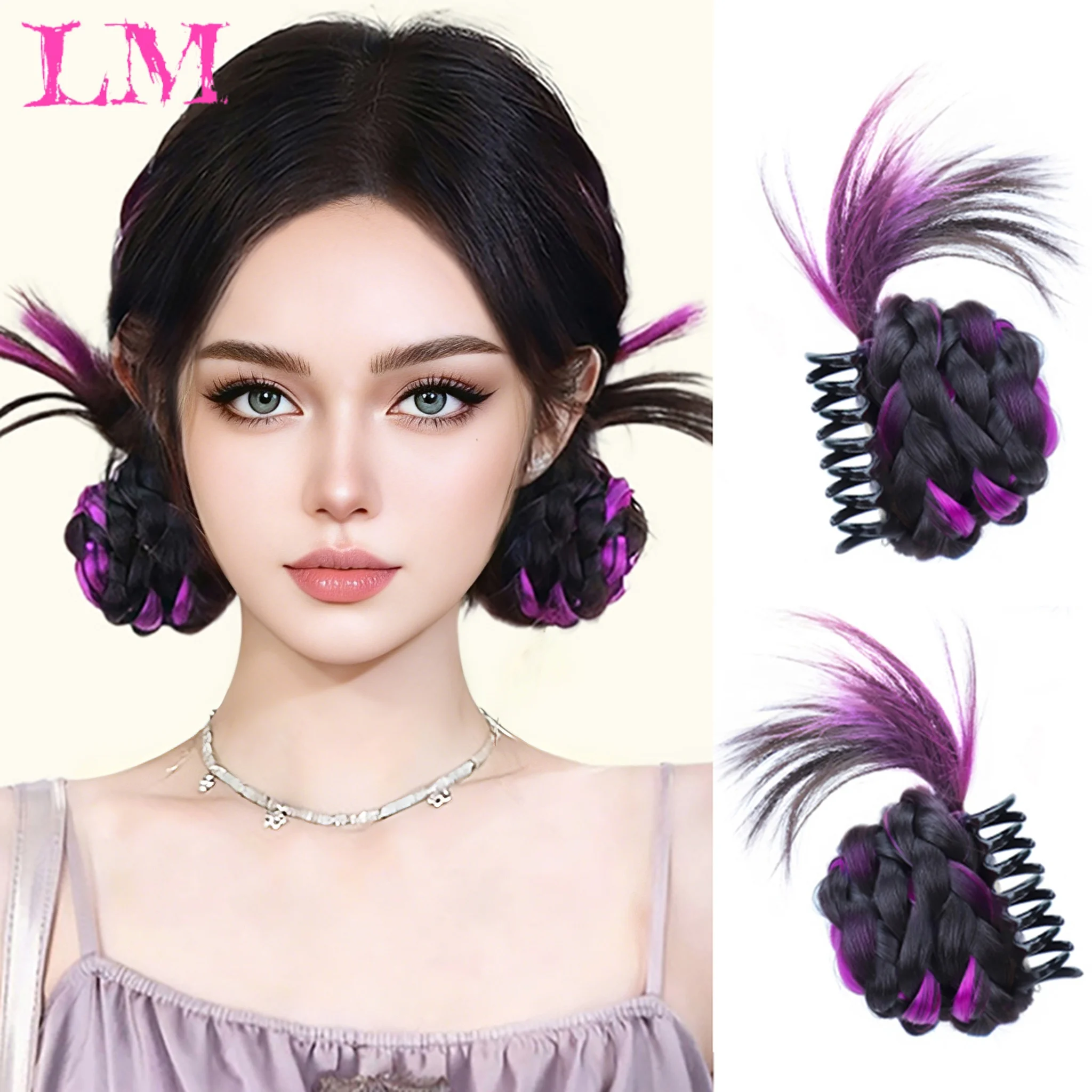 LM Black Purple Highlight Feather Braided Bun Claw Clip Synthetic Fake Hair Chignon Hair Piece for Y2K Girls Daily Styling