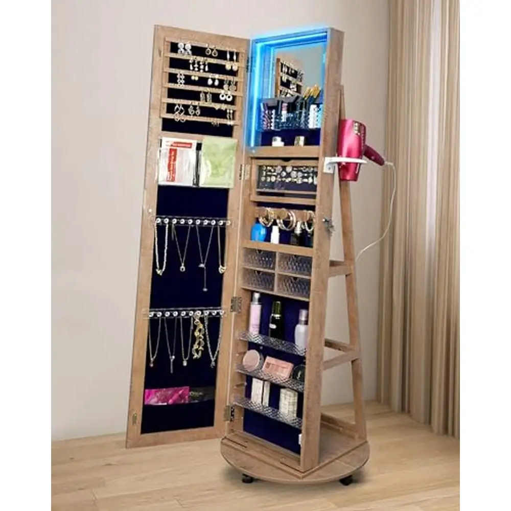 Standing Jewelry Armoire Organizer Full-Length Mirror Lockable Storage Shelves Makeup Tray Cherished Gift Safety Lock Brown Wood