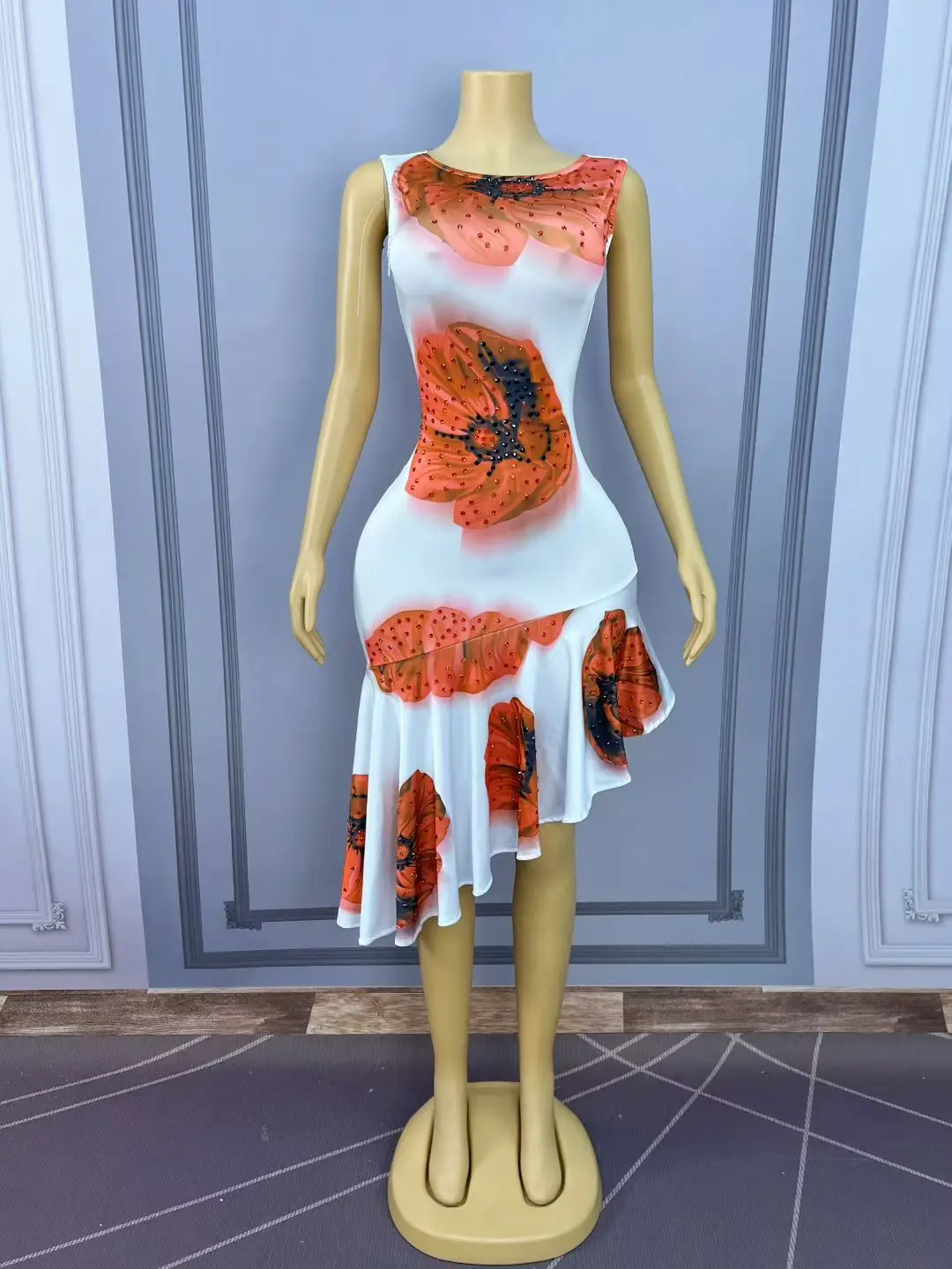 فستان نسائي أنيق مكشكش فستان كبير مطبوع عليه زهور حمراء فساتين غير متماثلة بأشرطة من حجر الراين في ملابس الحفلات الليلية Huakai #5