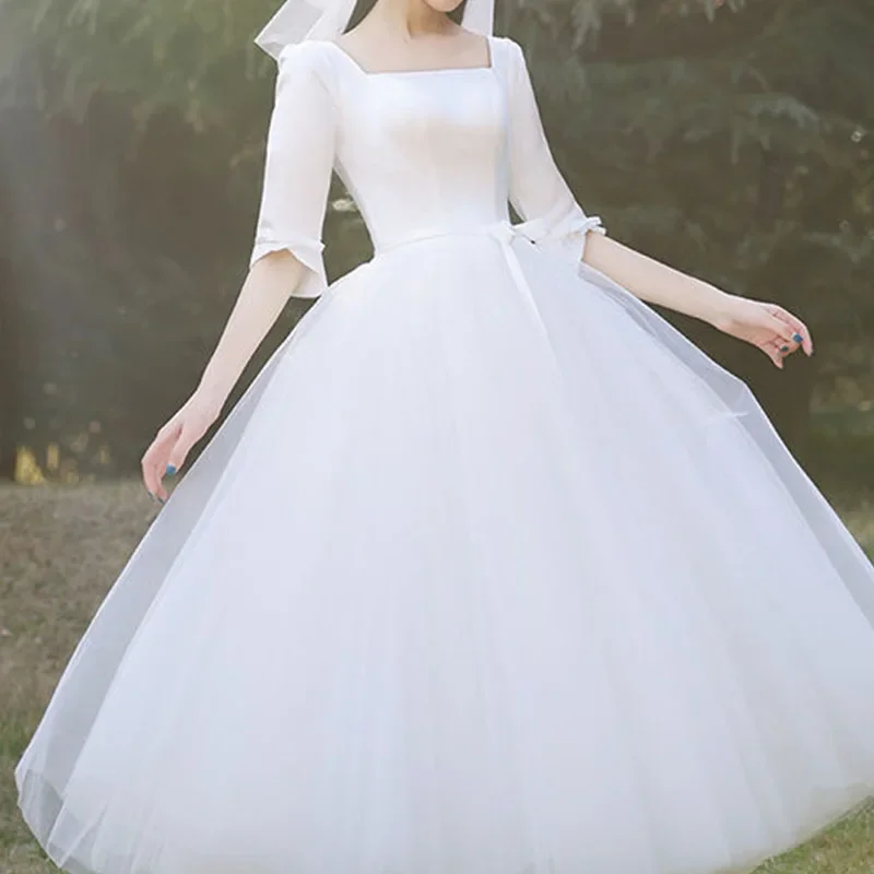 GIYSILE-Robe de Soirée Minimaliste, Tenue de Mariage Légère, Style Hepburn Français, Mignonne, Col Carré, Manches Mi-longues