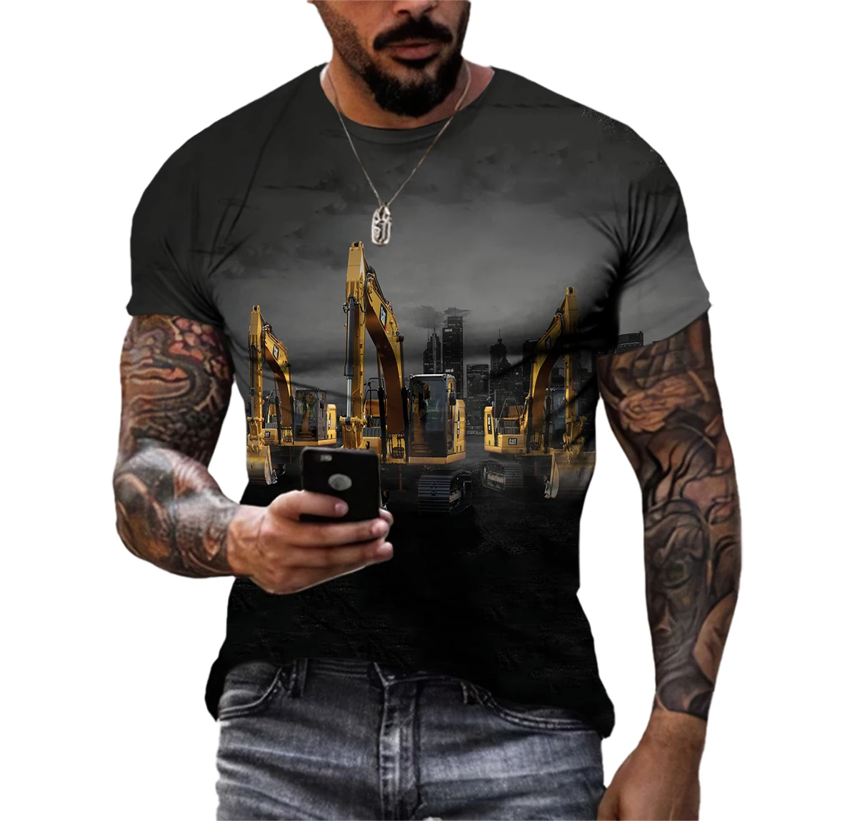 Summer New Men\'S Excavator 3d Printed T-Shirt O Neck Short Sleeve Personality Mechanical Engineering Vehicle Graphic Top