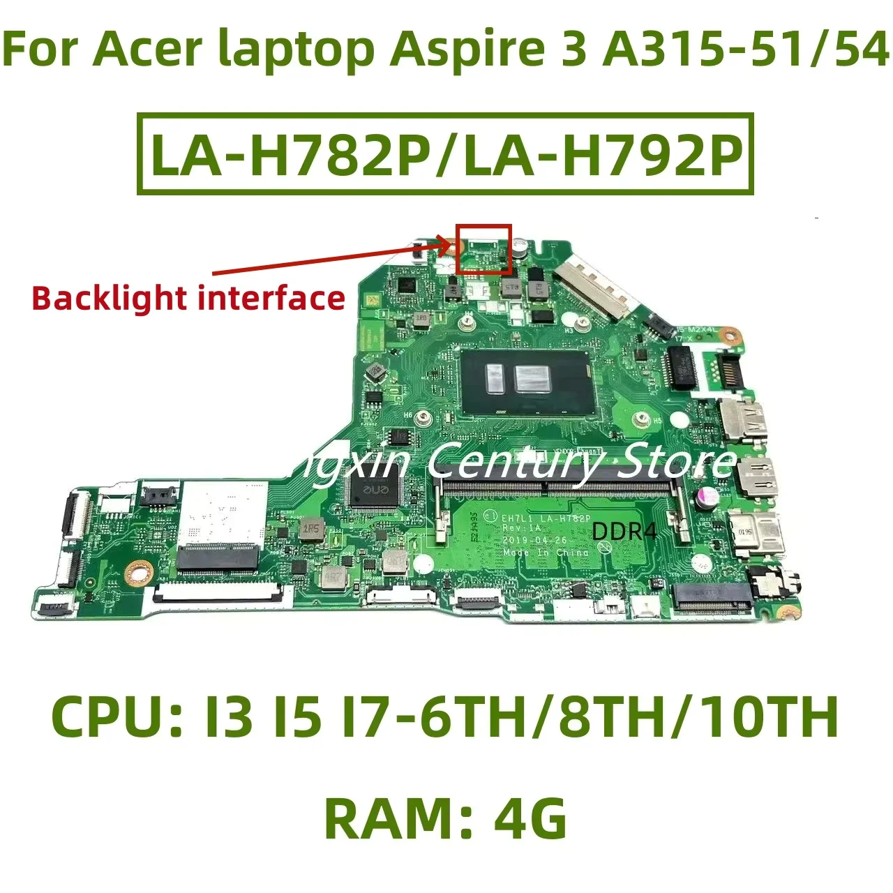 

Motherboard LA-H782P LA-H792P for Acer laptop Aspire 3 A315-51/54 CPU: I3 I5 I7-6TH/8TH/10TH 100% test before shipping OK