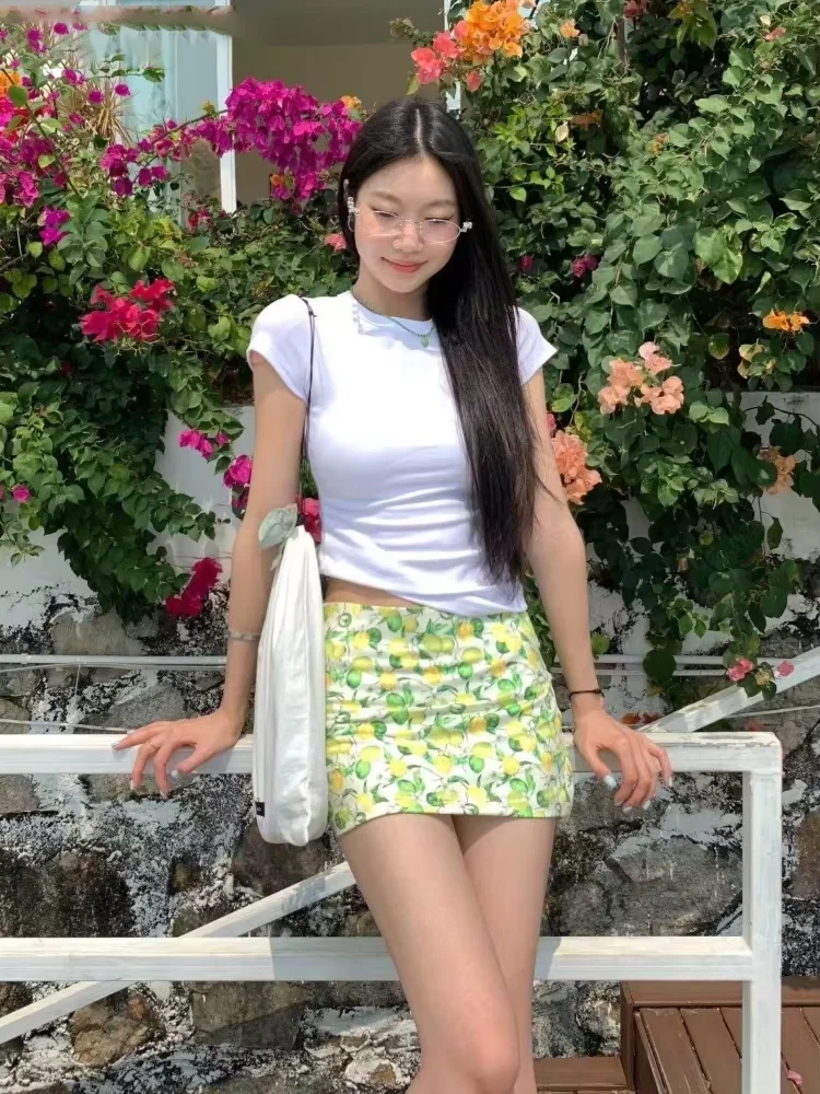 

Lemon Mini Skirt Women 2025 Summer Fruit Printed High Waist Slim Fit Chic Skirts Fashion Y2k Falda Aesthetic