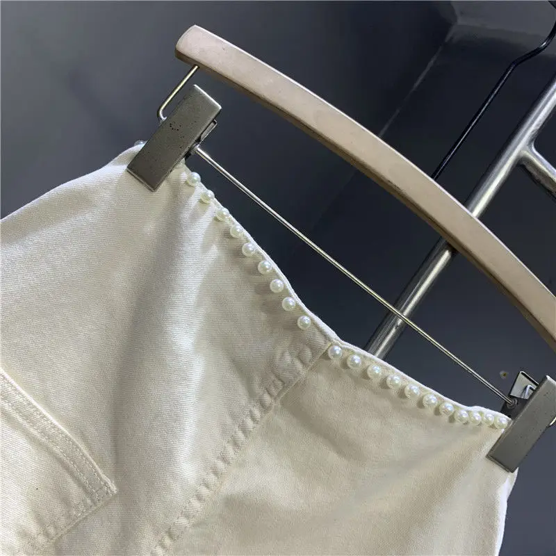 Rolled Pearl Denim Shorts Women Casual White High Waist Wide Leg Double Buttons Jeans Hot Pants Elegant Versatile Female Trendy