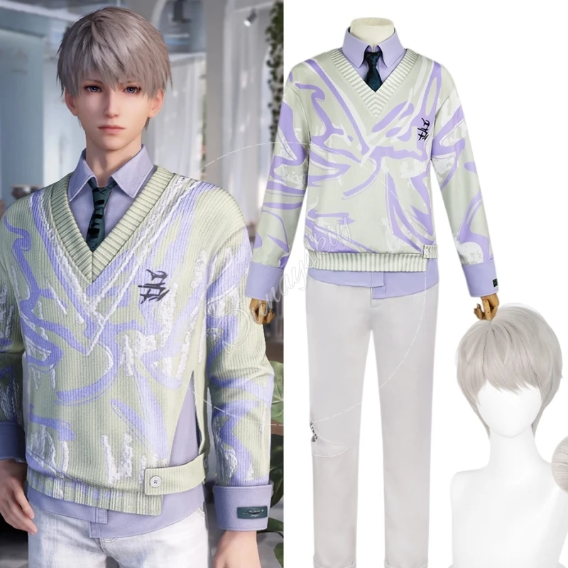 Disfraz de Cosplay de Love And Deepspace Xavier Shen Xinghui, Ropa Casual, Conjunto Completo, Suéter con Cuello en V Estampado en Morado Claro, Uso Diario Informal