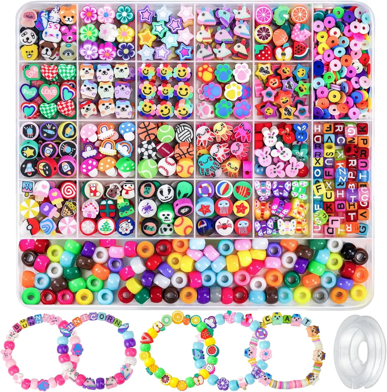 

1200 Pcs Polymer Clay Beads Bracelet Making Kit, 25 Style Animal Fruit Flower Butterfly Bunny Pony Letter Beads Charms for Jewel