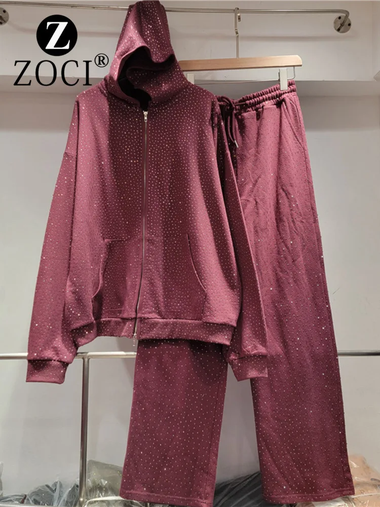 [ZOCI] Hooded Long Sleeved Hot Pressed Sparkling Loose Hoodie Cardigan Paired With Straight Leg Pants Heavy-duty Suit