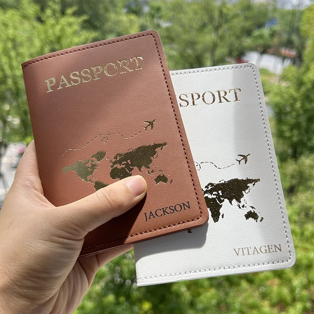 Nome de passaporte personalizado com padrão de mapa mundi, capa protetora para cartão de crédito de viagem, id e documento, porta-passaporte