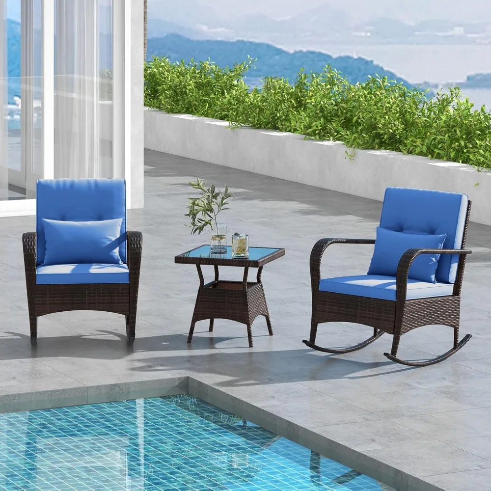 3 Pieces Patio Furniture Set, Outdoor Wicker Rocking Chairs with Cushions, Pillows, Glass Coffee Table, Rattan Bistro