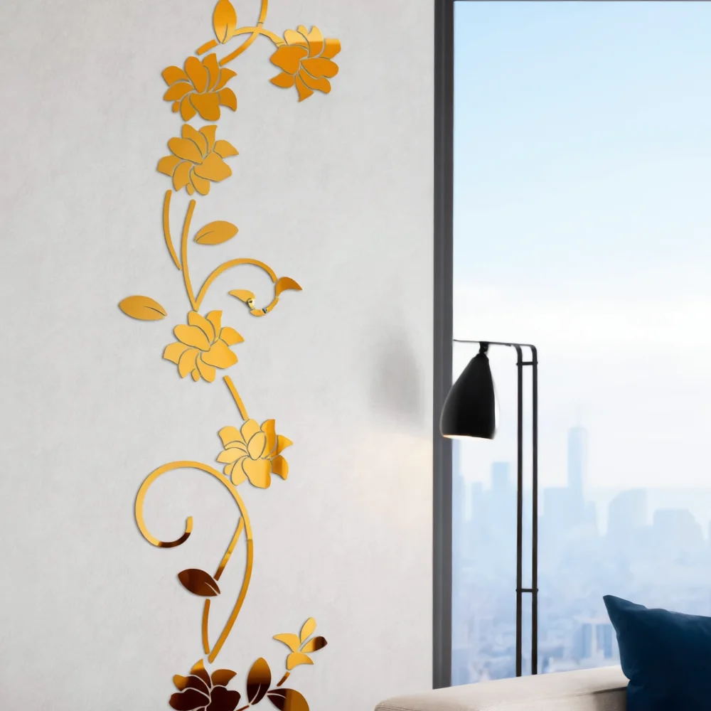 Gold 3D Mirror Acrylic Flower Vine Wall Sticker, DIY Mirror Rose Vine Wall Decal, Modern Stereoscopic Floral Wall Art for Living Room Entryway Home Decor, Size 30cm*100cm