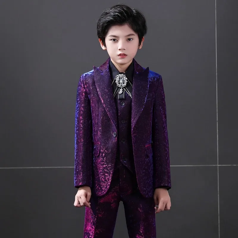 

Boys' Purple Glitter Suit for Boys 3Piece Formal Stage Performance Outfit Wedding Birthday Party Kids Suit Single Button