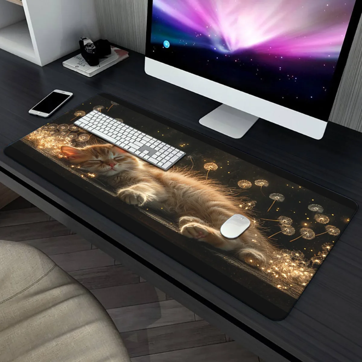 

1pc XXL Cat in Darkness Pattern HD Printed Desk Mat - Sleeping Kitten & Glowing Dandelions Design, Non-Slip Rubber Base Gaming M