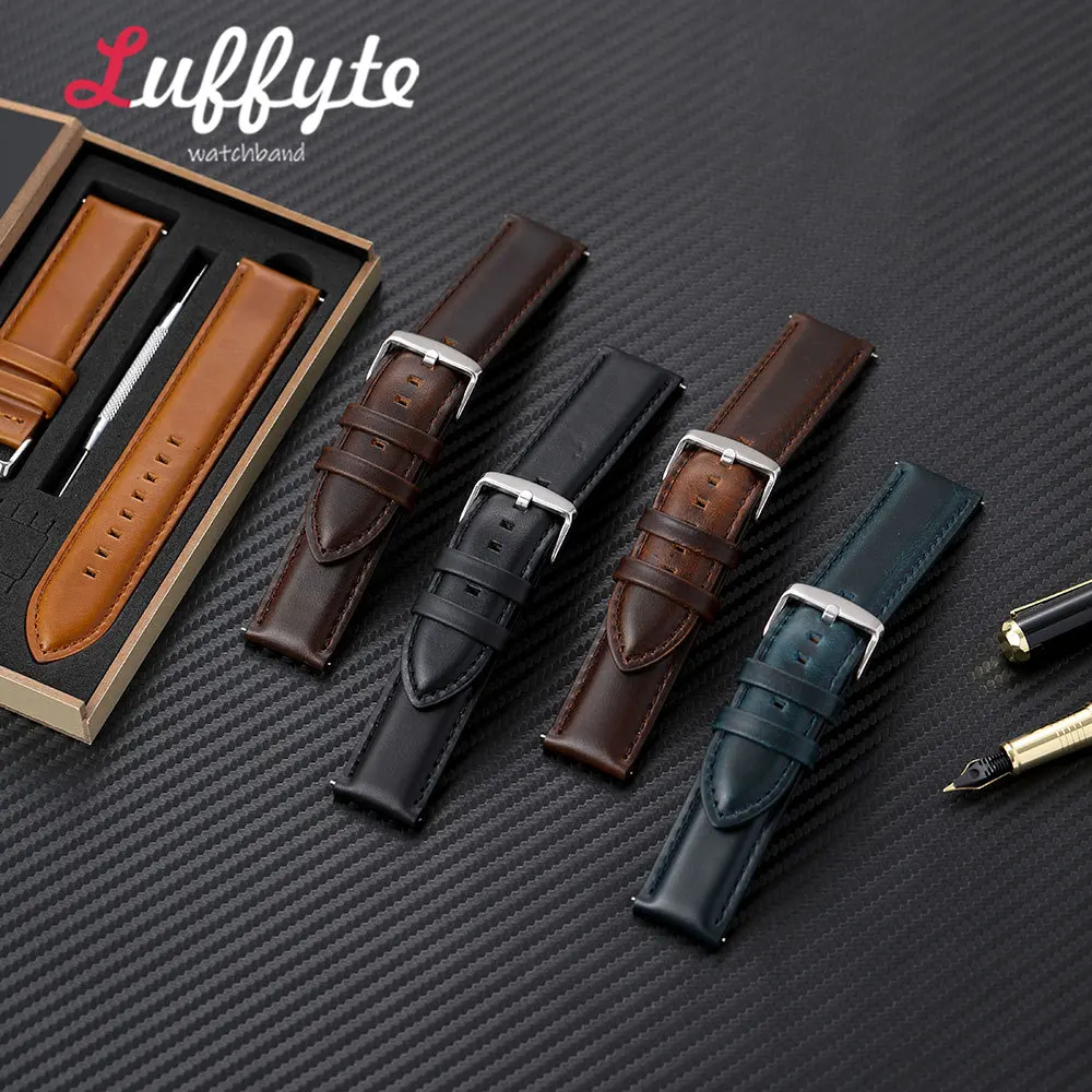 Men Calfskin Genuine Leather Watch Strap 20mm 22mm with Quick Release Spring Bar Gift Packing Box Business Wristwatch Band
