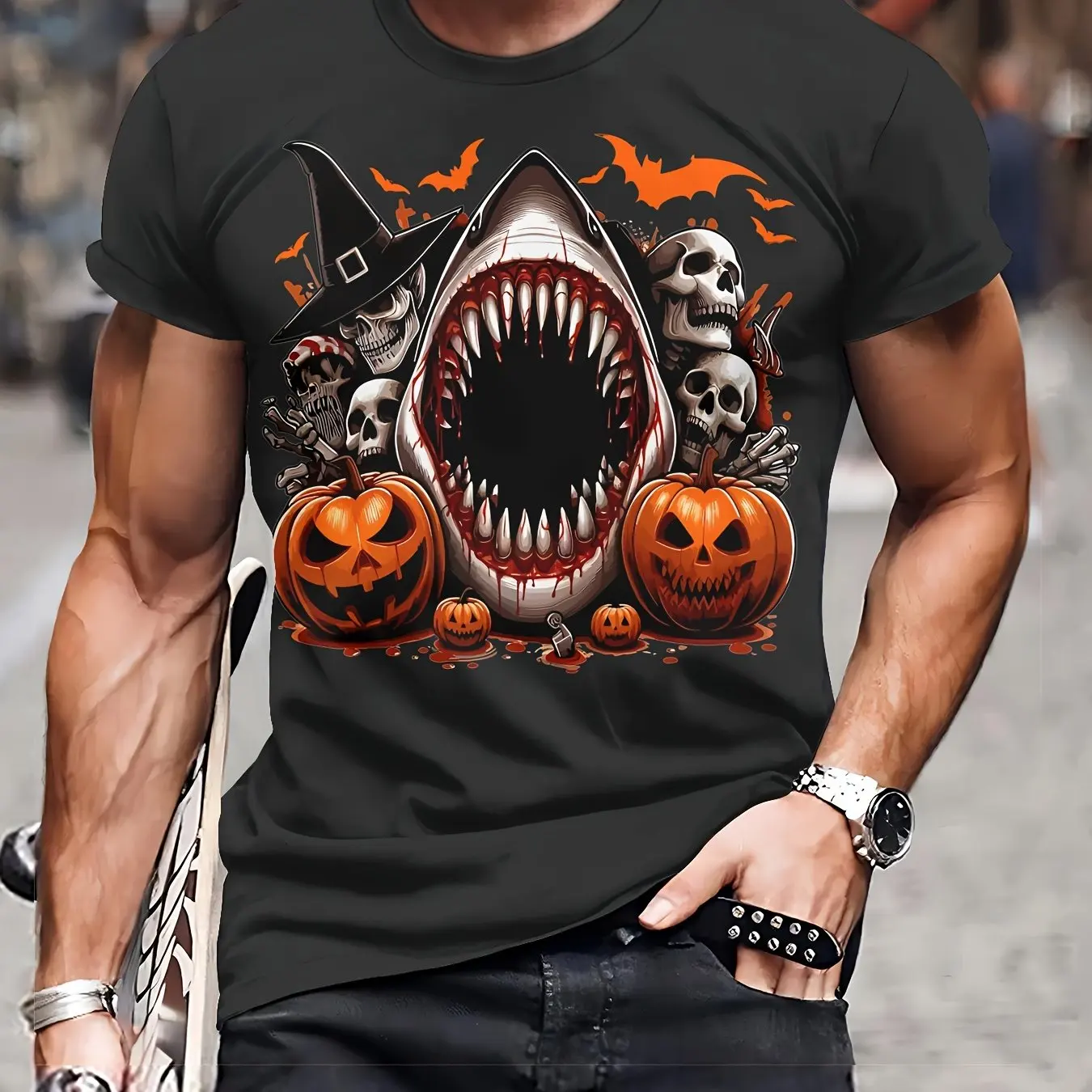 Men's Casual Polyester Round Neck T-shirt With 3D Shark And Halloween Pumpkin Patterns Slightly Elastic Fitted Knit Fabric