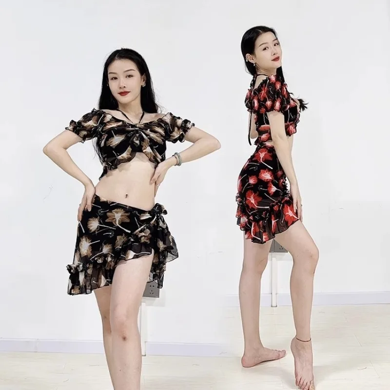 ที่กําหนดเอง Belly Dance ชุดพิมพ์ตาข่าย Drawstring Bubble Sleeve Top Tie ลูกไม้สะโพกผ้าพันคอกระโปรงน่ารักชุดเครื่องแต่งกาย Bellydance