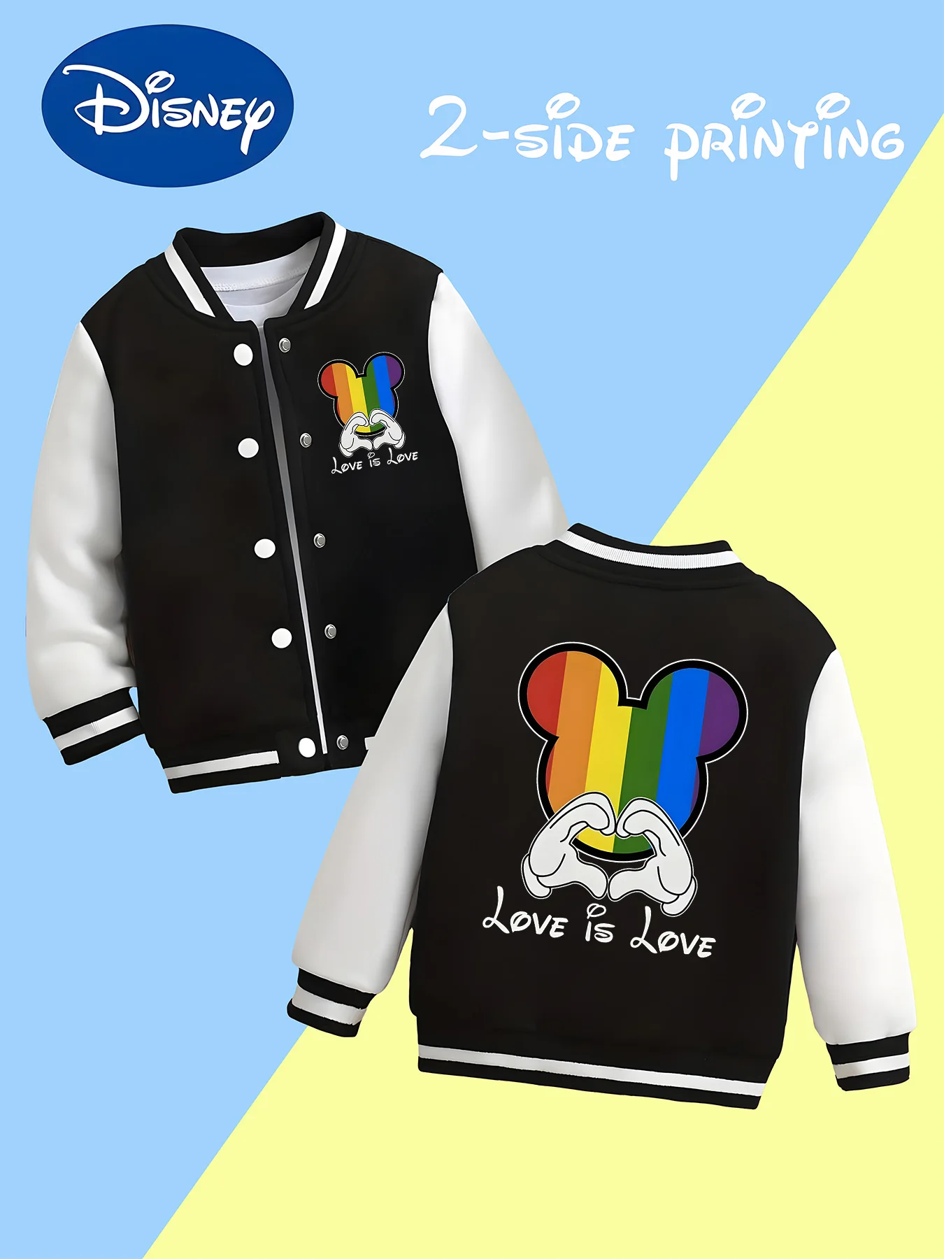 

MINISO Disney Boys' Baseball Jacket - Mickey Rainbow Heart, Double-sided "LOVE IS LOVE" + Rainbow Mickey, Perfect for School